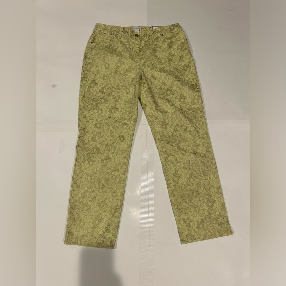 Chico’s Casual Sateen Skimmer Crop Jeans 0 Yellow Grey Lace Shimmer